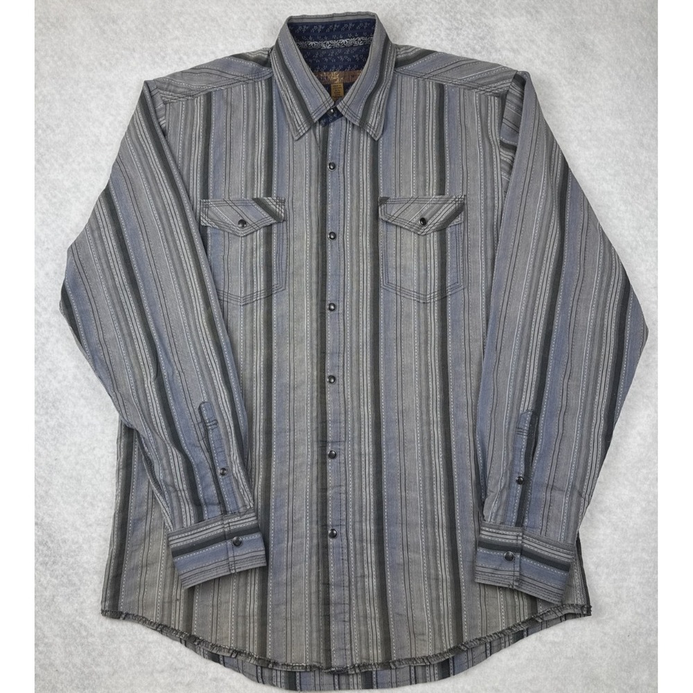 Blue Pronto Uomo Mens Medium Gray Stripe Western Pearl Snap Button Up Shirt